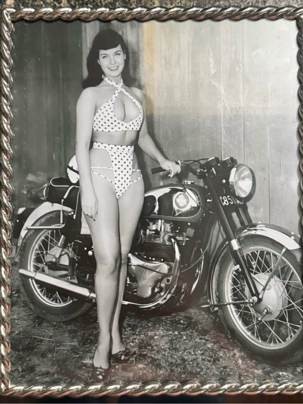 Bettie Page Black & White Polka Dot Pinup with Motorcycle